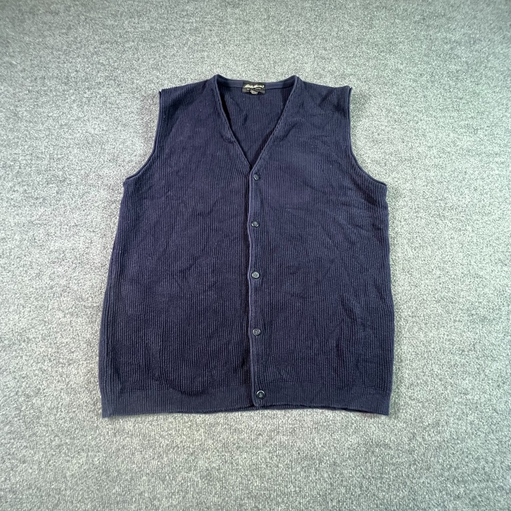 Vintage Eddie Bauer Vest Sweater Mens 2XL Tall Blue Cotton Tight-Knit Cardigan